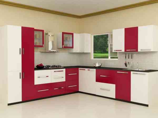 Modern L-Shaped Kitchen Design With Red Coloured Storage Units
