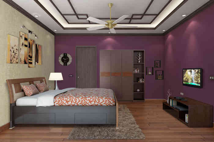 Modern Master Bedroom Design With Dark Glossy Accent Wall And Wall TV Panelling