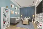 Modern Living Room Design With Grey Sofa And Wall Shelves