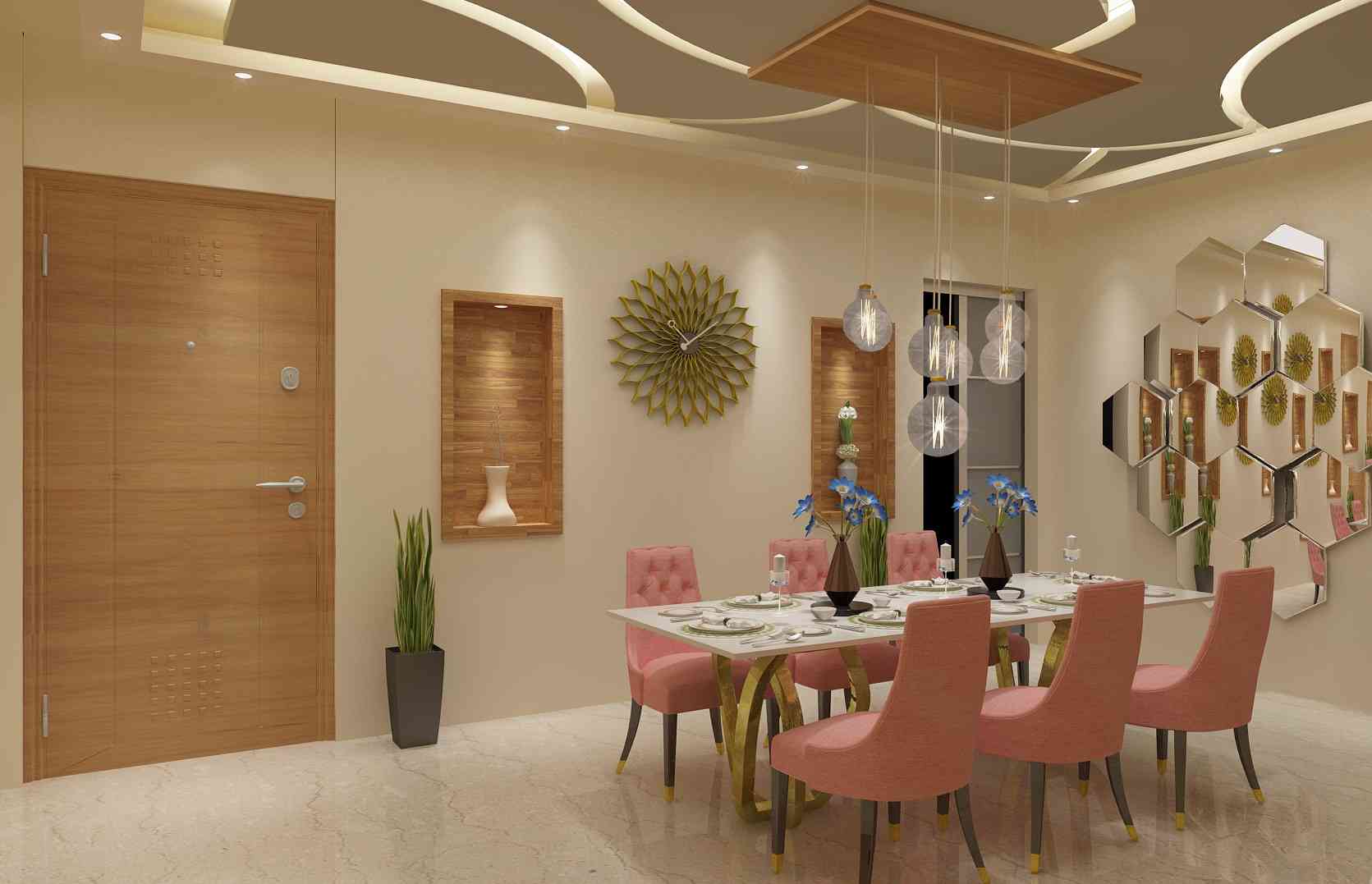 Luxury Dinning Room Designs With Hanging Lights And Wall Decor